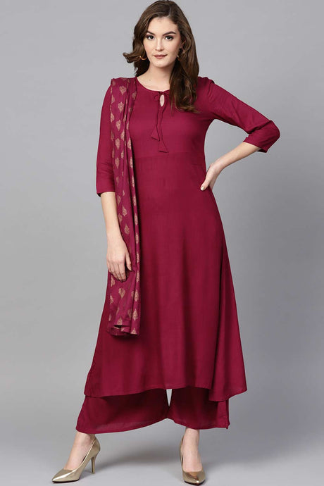 Buy Viscose Rayon Solid Ready to Wear Suit Set in Burgundy Online