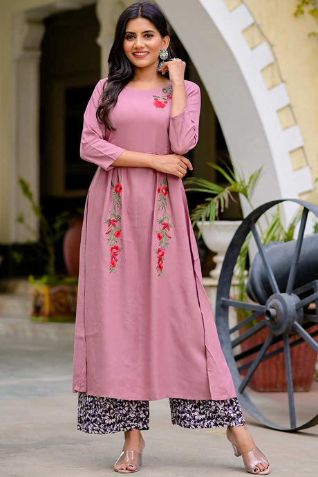 Buy Viscose Rayon Embroidered Ready to Wear Kurta Set in Mauve Online