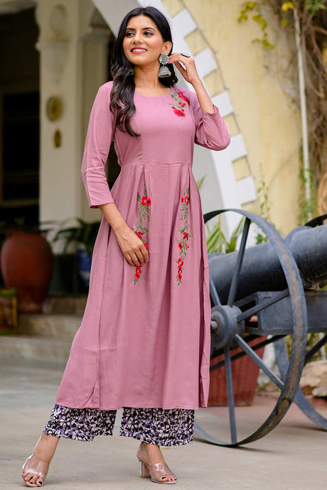 Buy Viscose Rayon Embroidered Ready to Wear Kurta Set in Mauve Online - Back