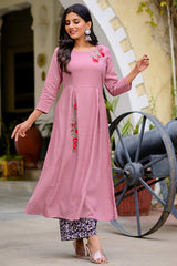 Buy Viscose Rayon Embroidered Ready to Wear Kurta Set in Mauve Online - Front