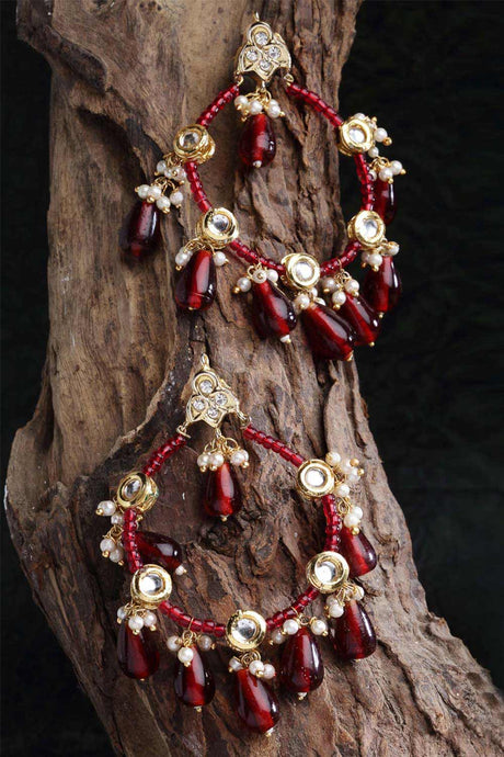 Red And White Gold-Plated Kundan And Pearls Chandbali Earring