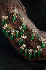 Green And White Gold-Plated Kundan And Pearls Chandbali Earring