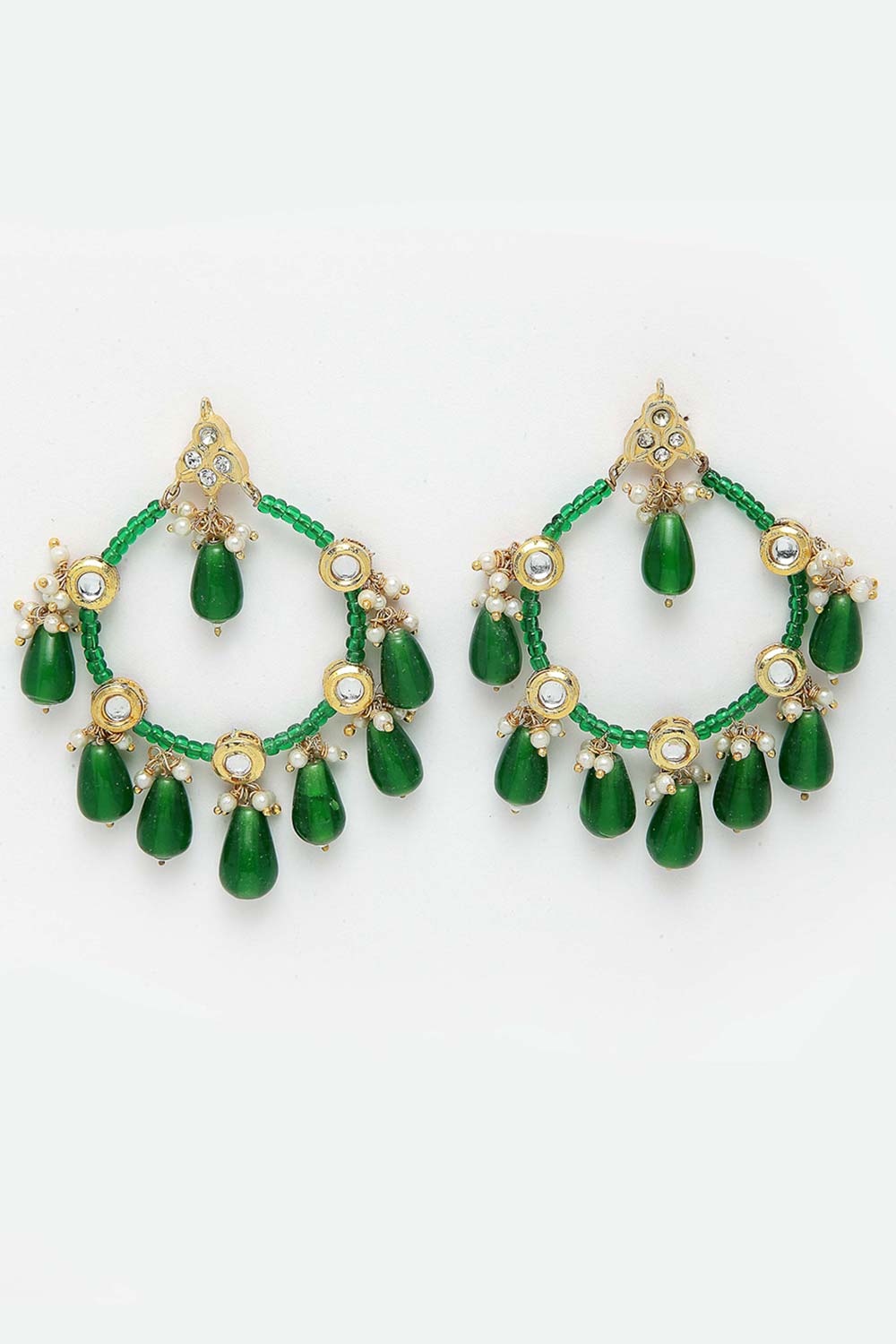 Green And White Gold-Plated Kundan And Pearls Chandbali Earring