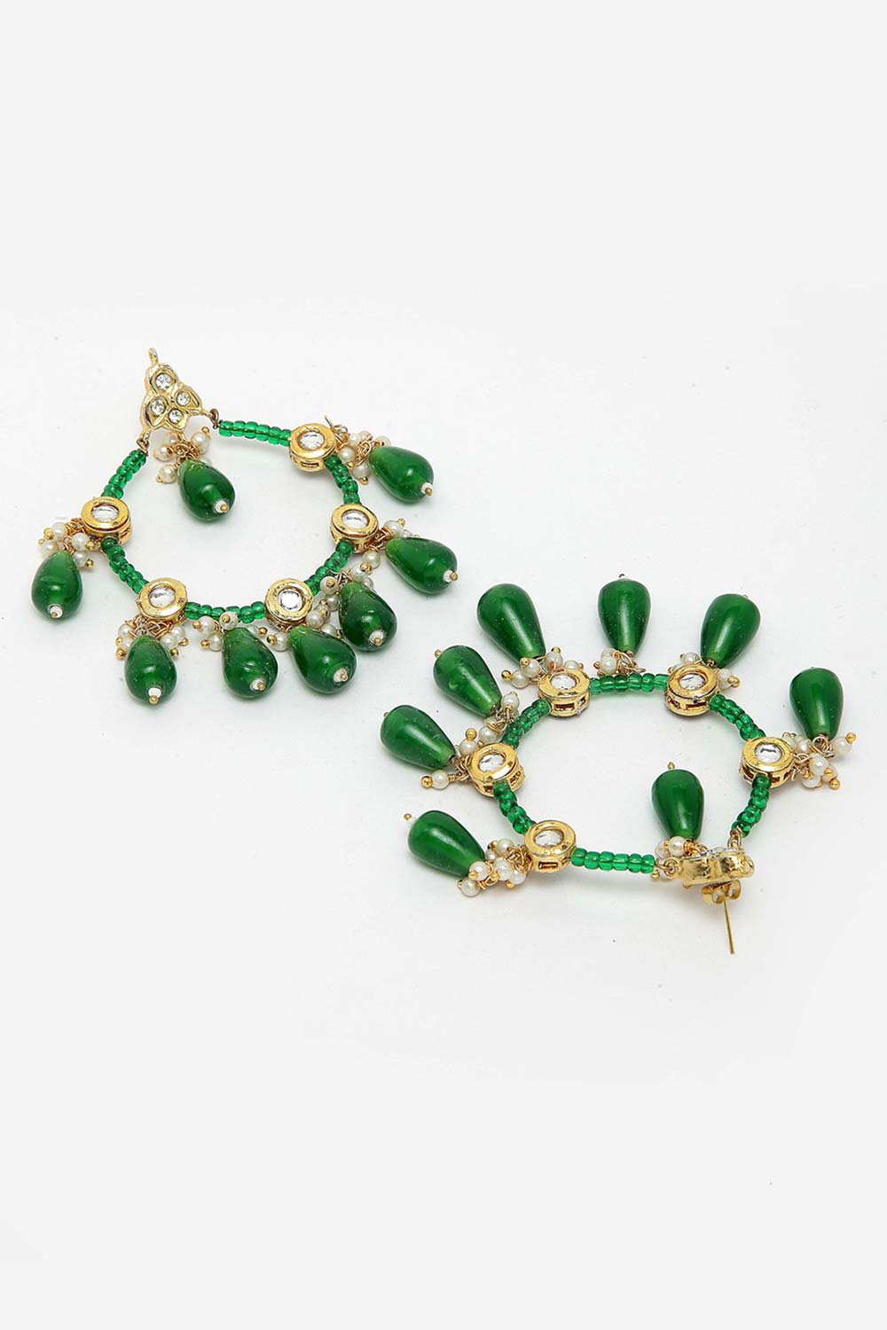 Green And White Gold-Plated Kundan And Pearls Chandbali Earring