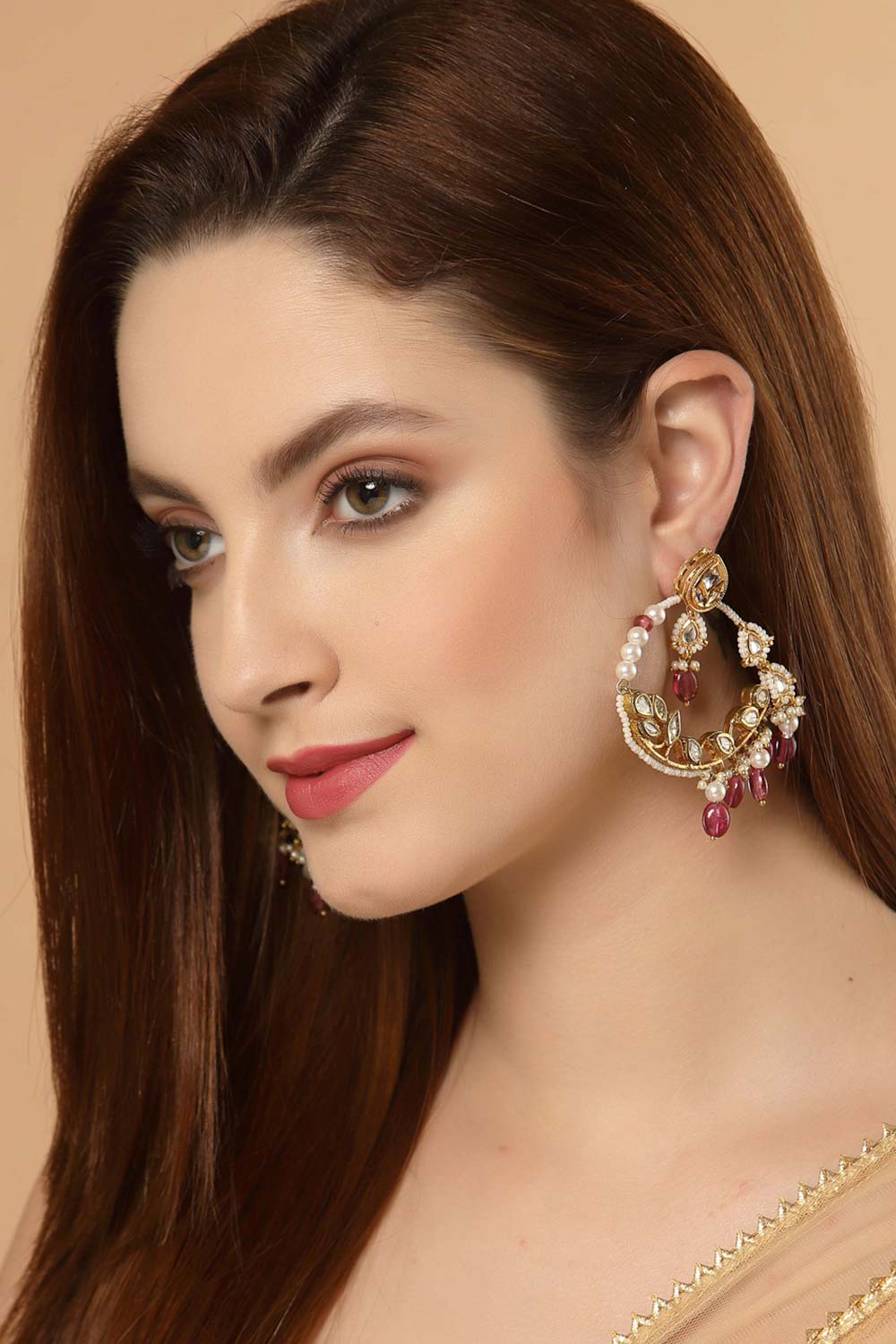 Pink And White Gold-Plated Kundan And Pearls Chandbali Earring