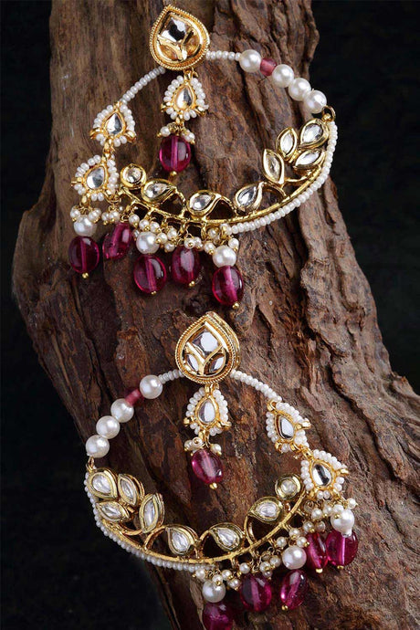 Pink And White Gold-Plated Kundan And Pearls Chandbali Earring