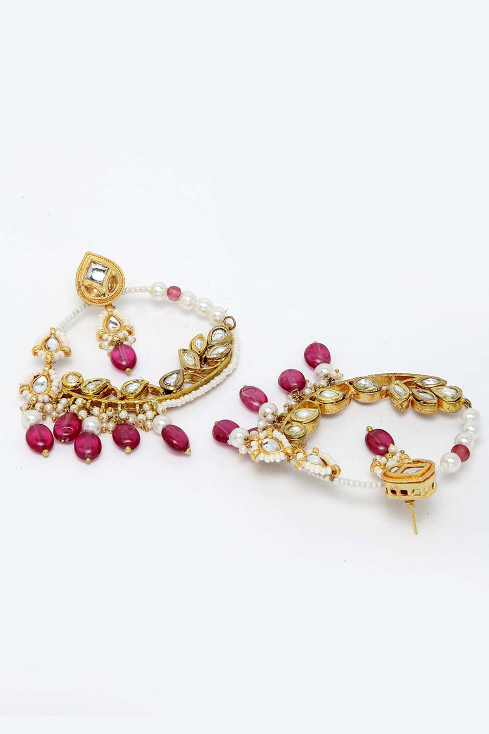 Pink And White Gold-Plated Kundan And Pearls Chandbali Earring