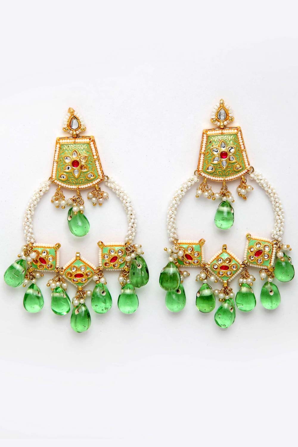 Green And White Gold-Plated Kundan And Pearls Chandbali Earring