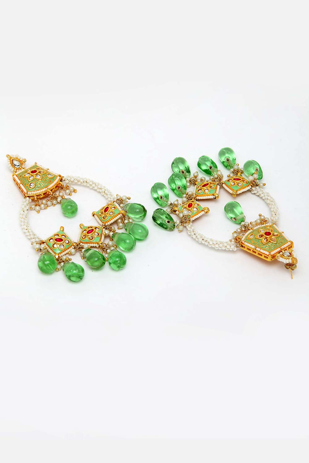 Green And White Gold-Plated Kundan And Pearls Chandbali Earring