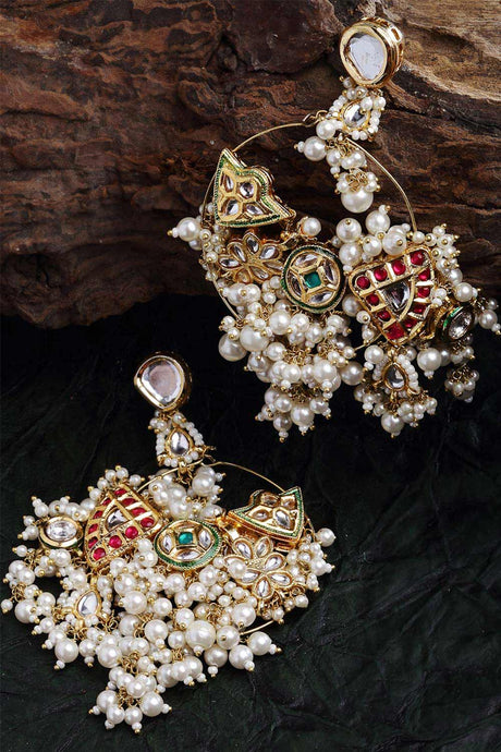 Multi-Color And White Gold-Plated Kundan And Pearls Chandbali Earring