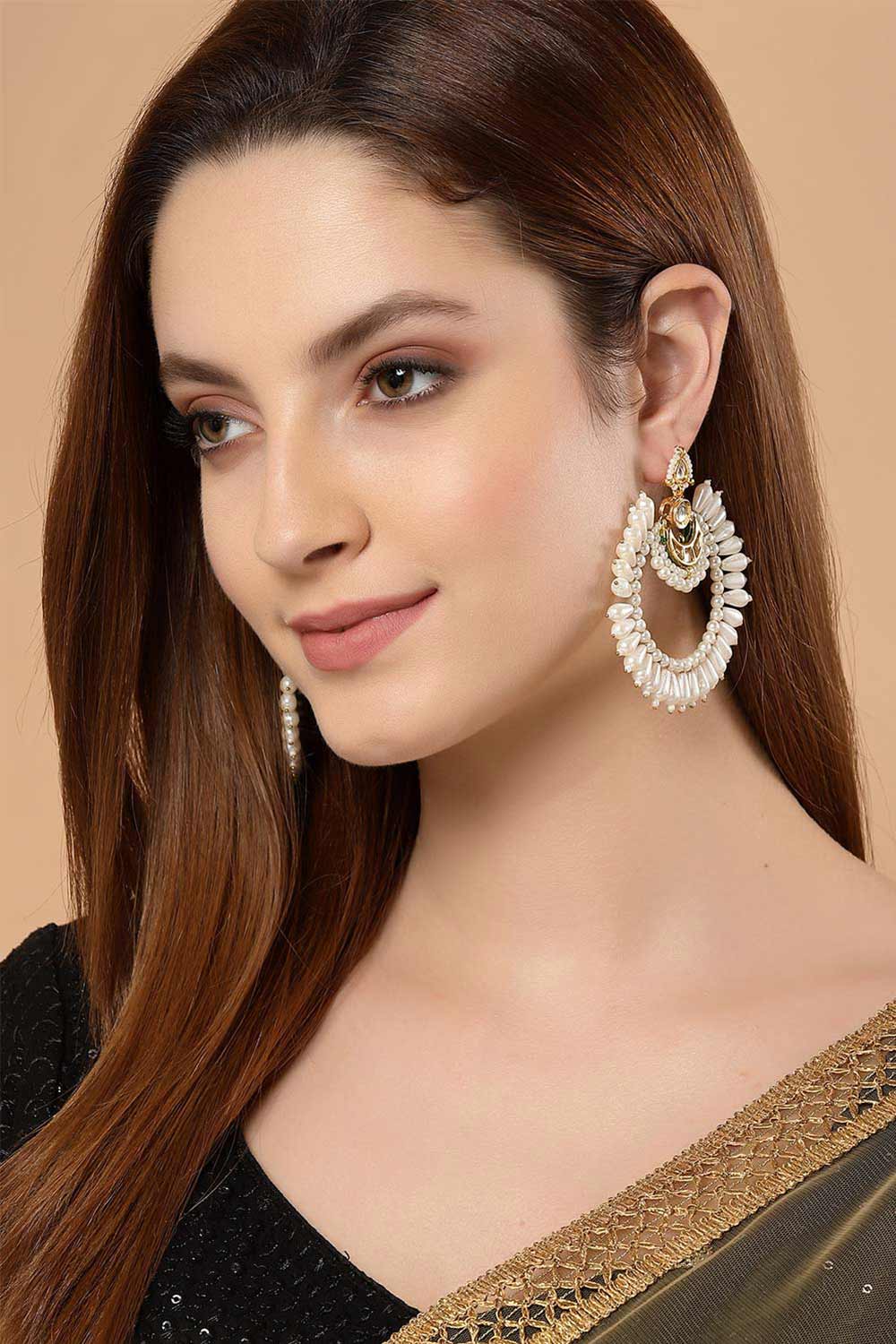 White Gold-Plated Kundan And Pearls Chandbali Earring