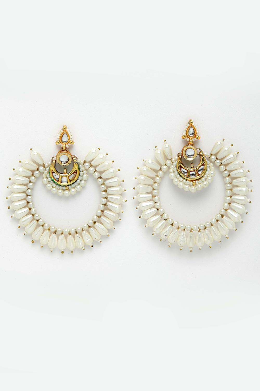 White Gold-Plated Kundan And Pearls Chandbali Earring