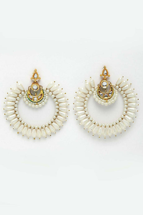 White Gold-Plated Kundan And Pearls Chandbali Earring