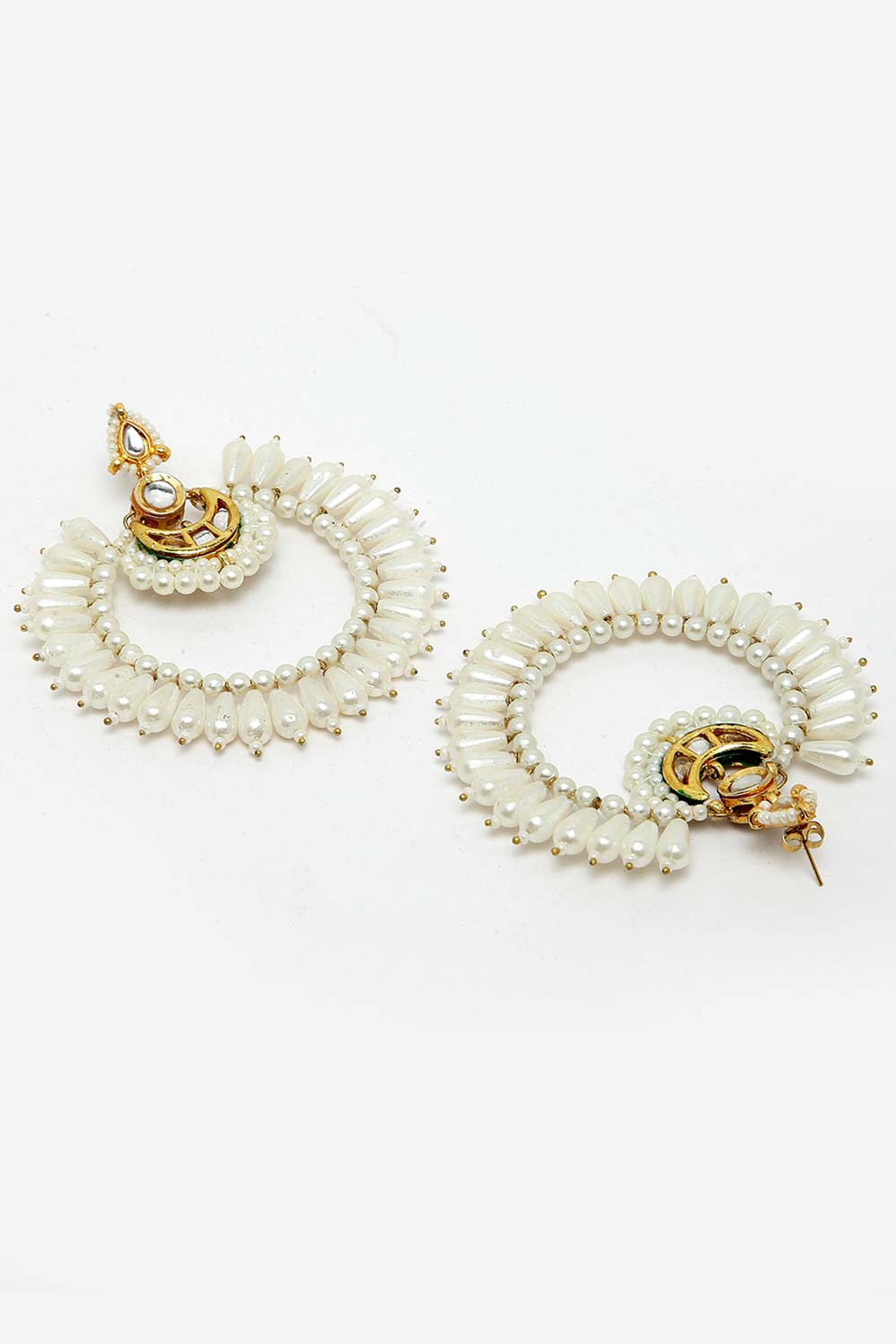 White Gold-Plated Kundan And Pearls Chandbali Earring