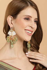 Green And White Gold-Plated Kundan And Pearls Chandbali Earring