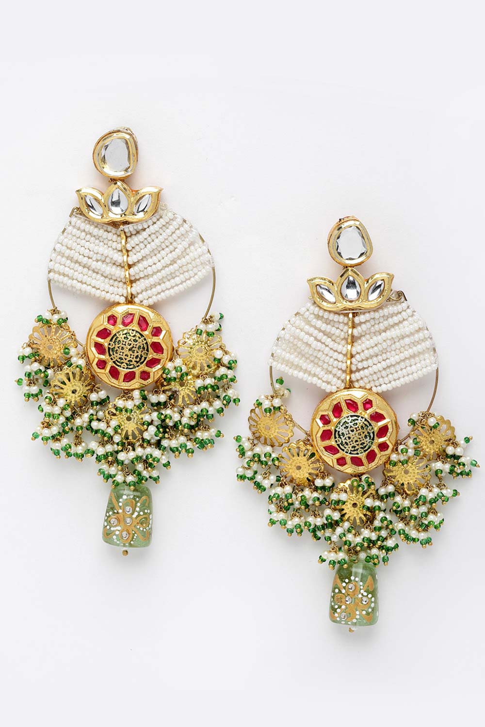 Green And White Gold-Plated Kundan And Pearls Chandbali Earring