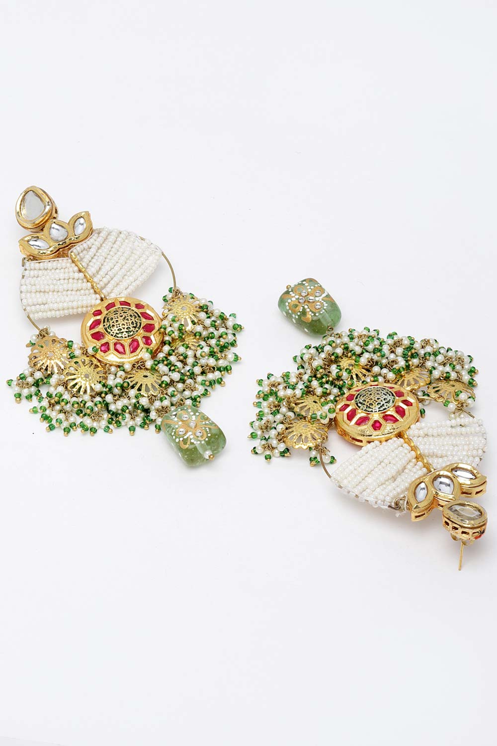 Green And White Gold-Plated Kundan And Pearls Chandbali Earring