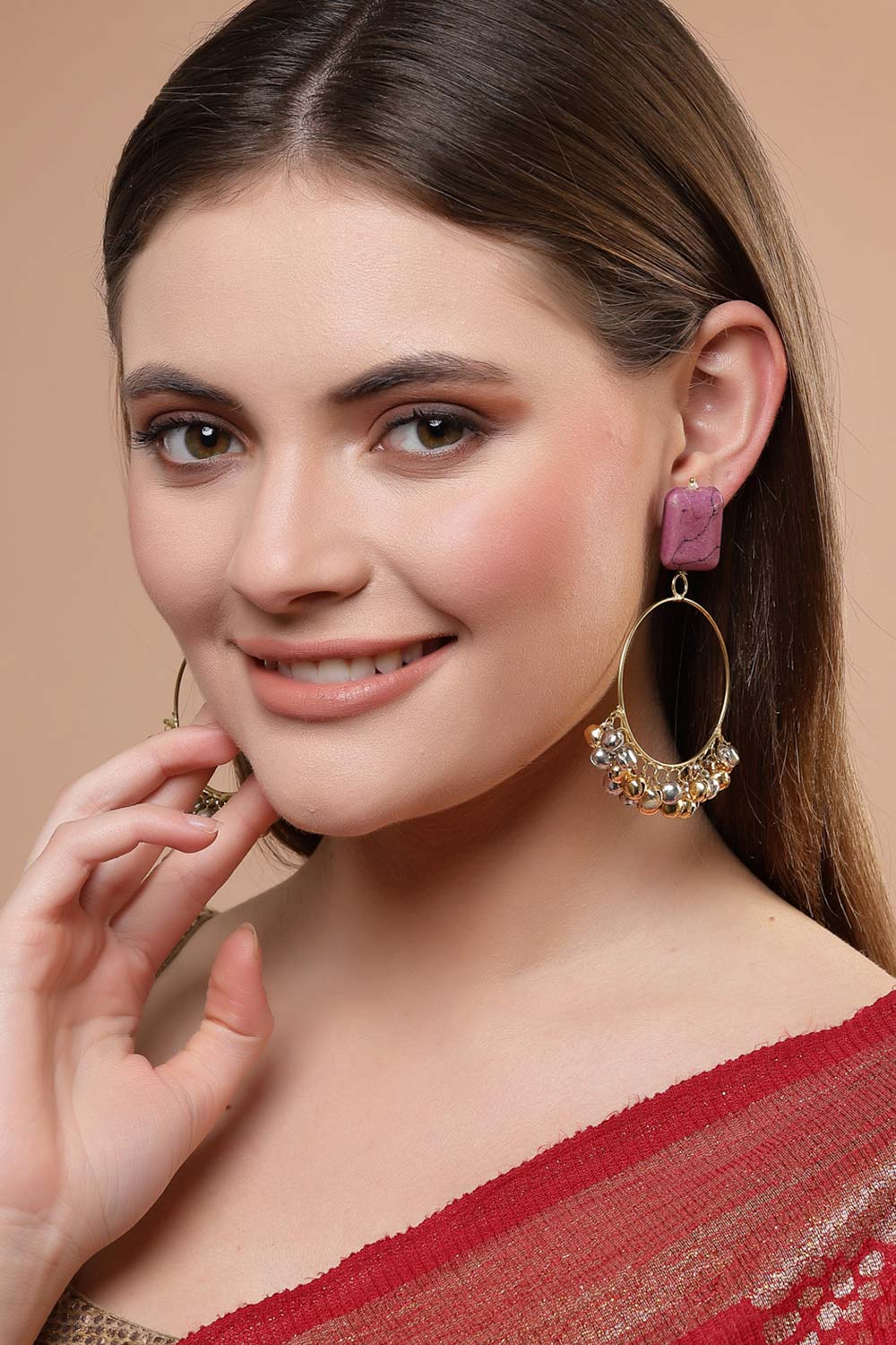 Pink Gold-Plated Natural Stones Chandbali Earring