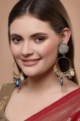 Blue And White Gold-Plated Kundan And Pearls Chandbali Earring