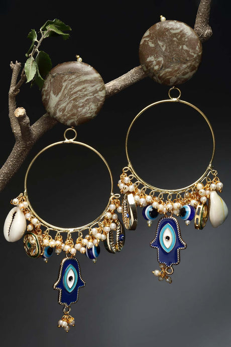 Blue And White Gold-Plated Kundan And Pearls Chandbali Earring
