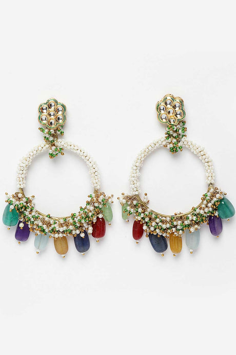 Green And Yellow Gold-Plated Kundan And Pearls Chandbali Earrings