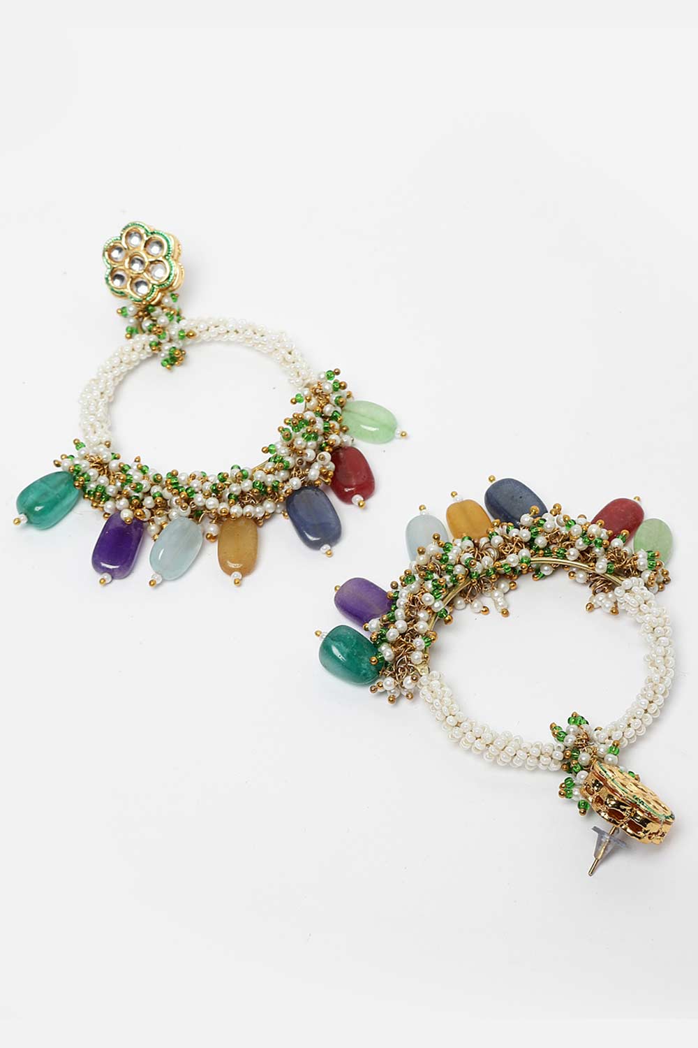 Green And Yellow Gold-Plated Kundan And Pearls Chandbali Earrings