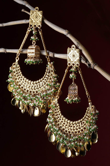 Gold And Green Chand Bali Earring With Pearls And Natural Stones