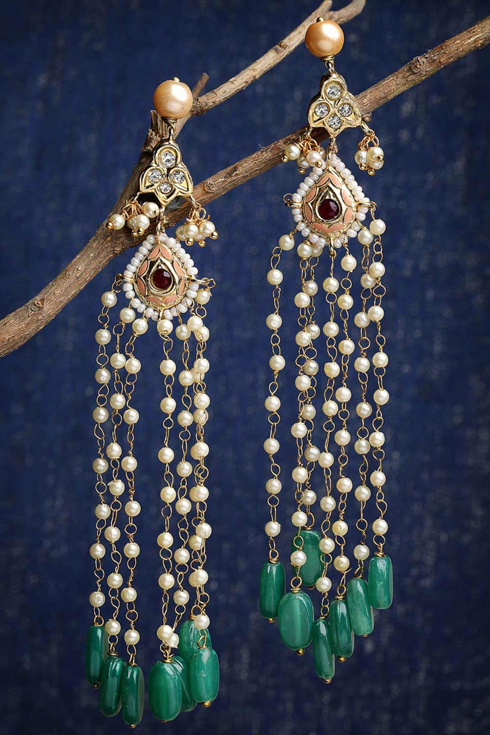 Buy Women's Sterling Silver Kundan Drop Earring in Green - Side