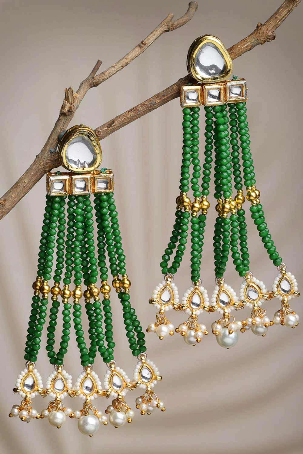 Buy Women's Sterling Silver Kundan Drop Earring in Green - Back