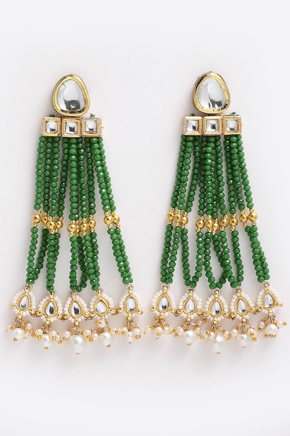 Buy Women's Sterling Silver Kundan Drop Earring in Green - Front