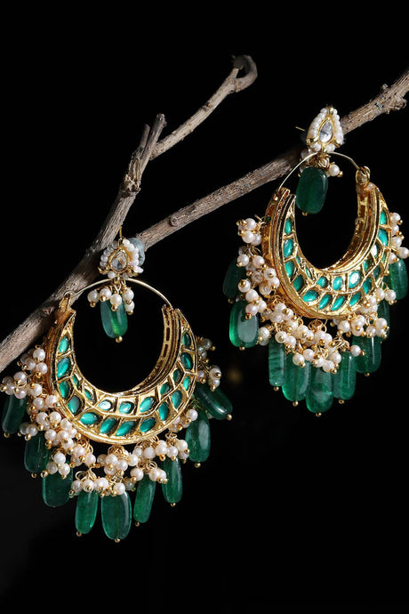 Buy Women's Sterling Silver Kundan Chandbali Earring in Green - Back