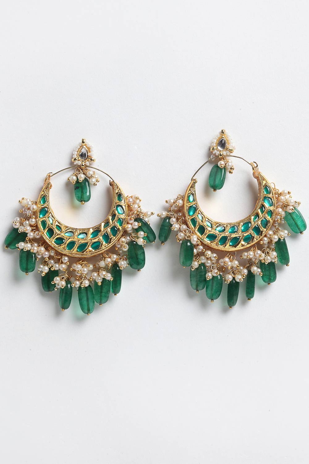 Buy Women's Sterling Silver Kundan Chandbali Earring in Green - Front