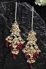 Buy Women's Sterling Silver Kundan Drop Earring with Kanchain in Red - Back