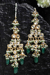 Buy Women's Sterling Silver Kundan Drop Earring with Kanchain in Dark Green - Back