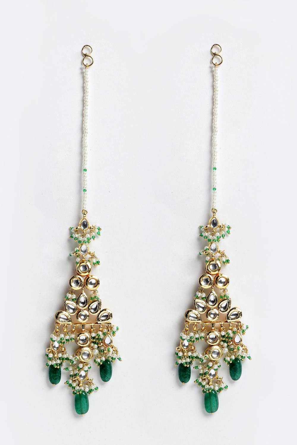 Buy Women's Sterling Silver Kundan Drop Earring with Kanchain in Dark Green - Front