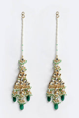 Buy Women's Sterling Silver Kundan Drop Earring with Kanchain in Dark Green - Front