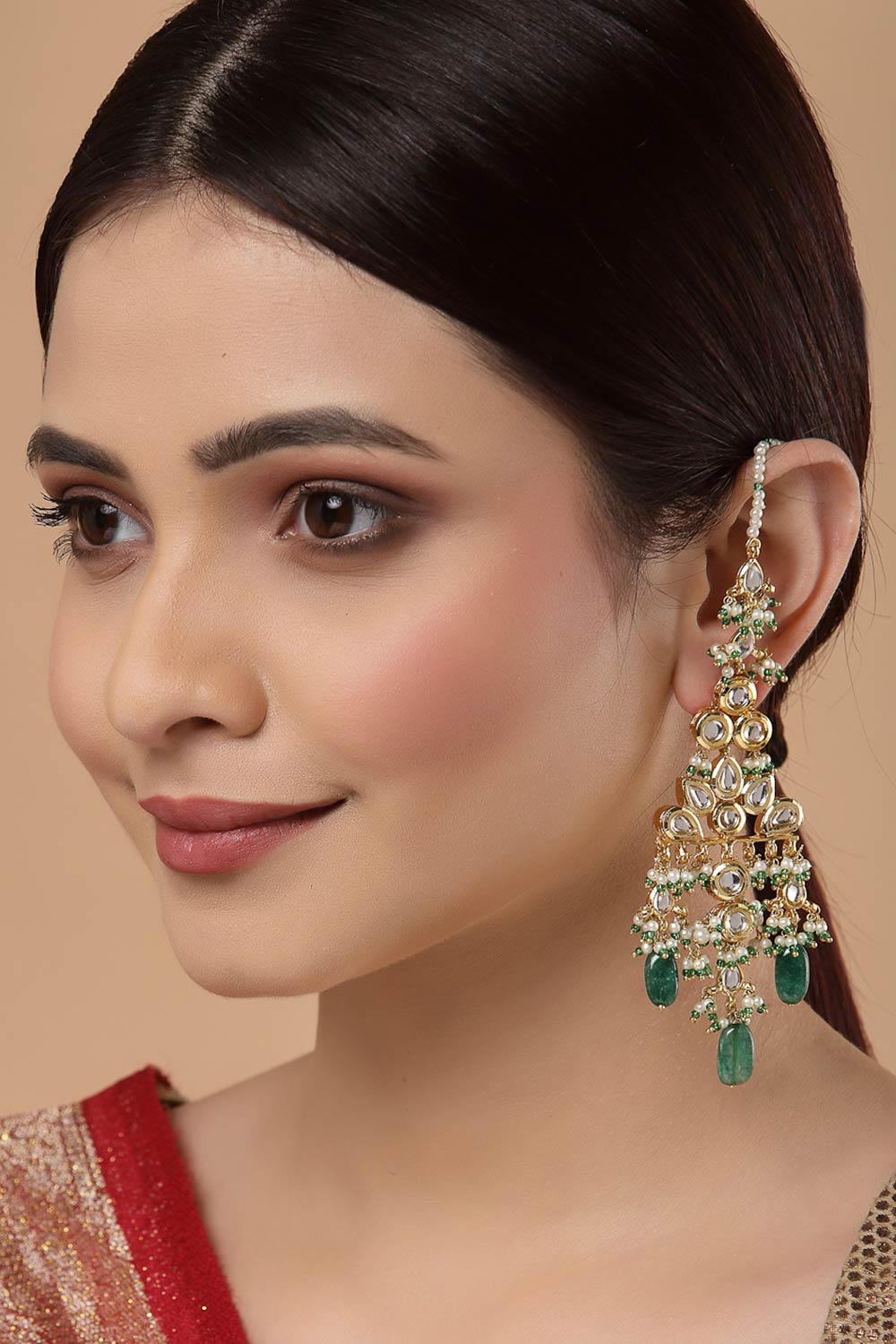 Buy Women's Sterling Silver Kundan Drop Earring with Kanchain in Green