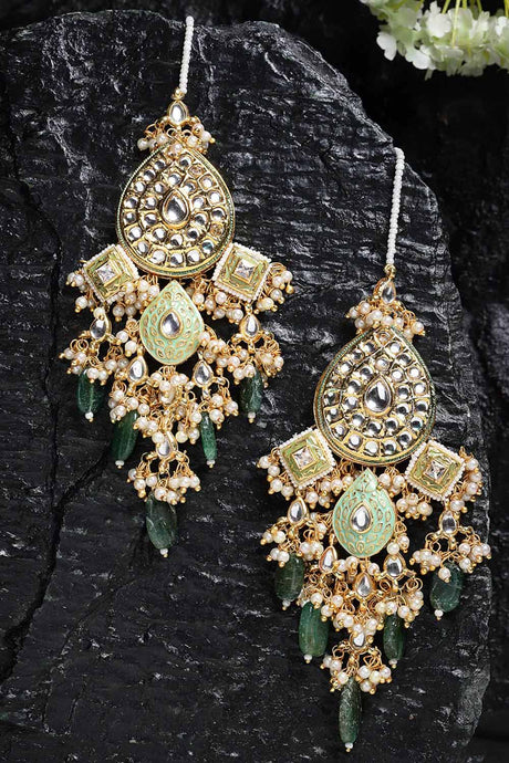 Buy Women's Sterling Silver Kundan Drop Earring with Kanchain in Light Green - Back