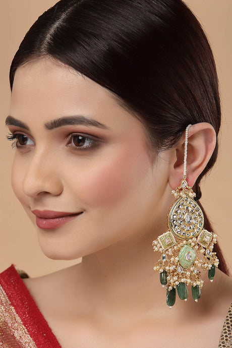 Buy Women's Sterling Silver Kundan Drop Earring with Kanchain in Green