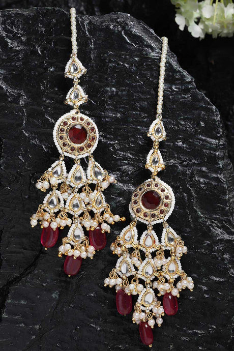 Buy Women's Sterling Silver Kundan Dangle Earring with Kanchain in Maroon - Back