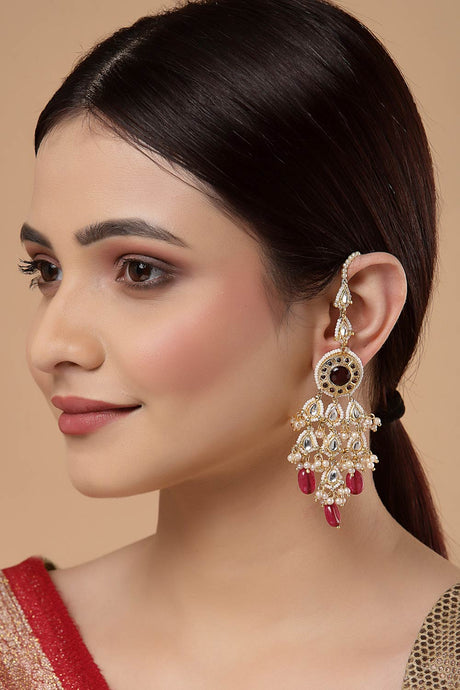 Buy Women's Sterling Silver Kundan Dangle Earring with Kanchain in Red