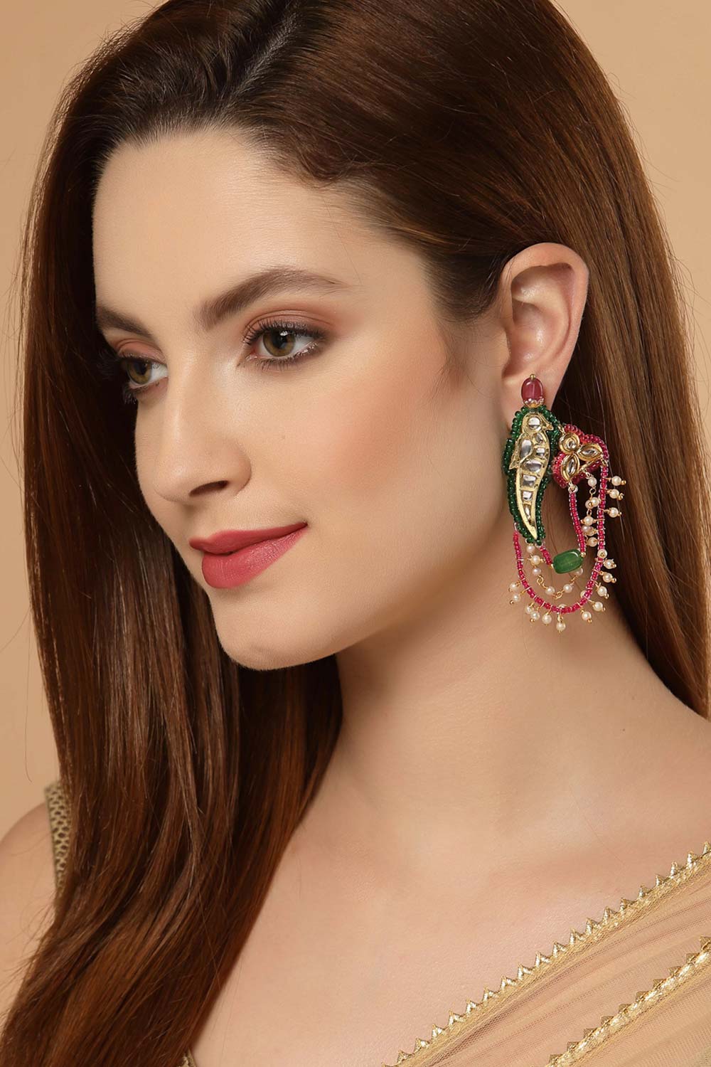 Pink And Green Gold-Plated Kundan And Pearls Dangler Earring