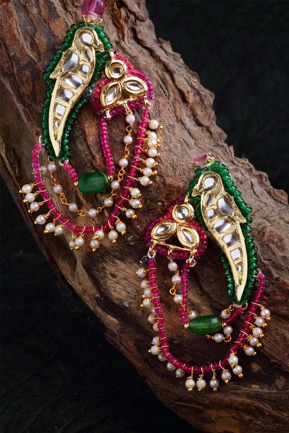 Pink And Green Gold-Plated Kundan And Pearls Dangler Earring