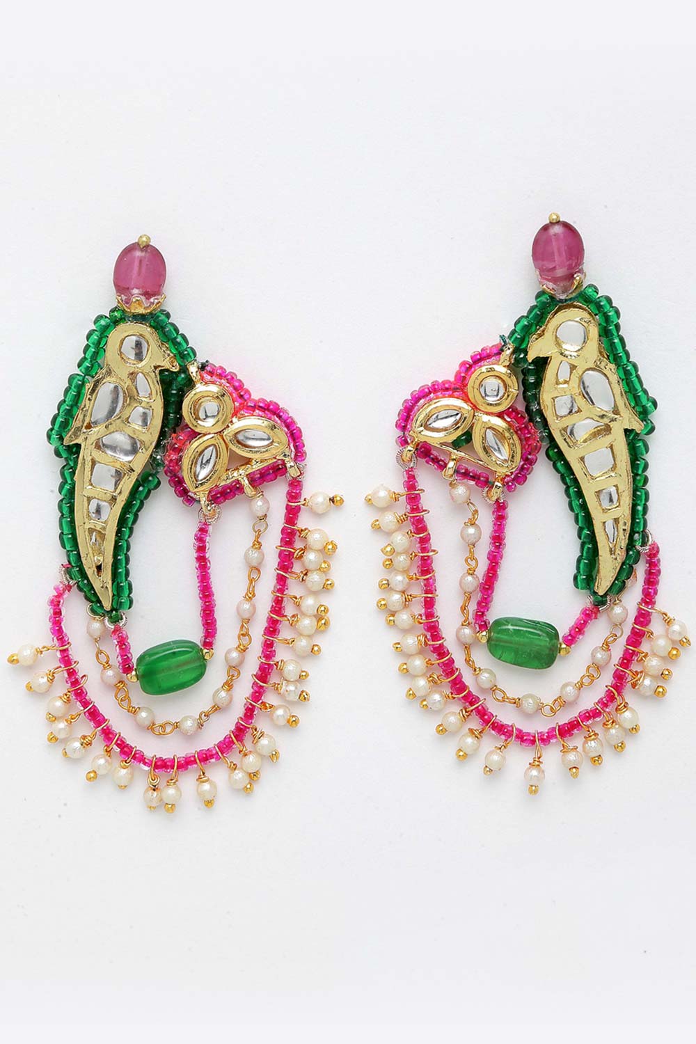 Pink And Green Gold-Plated Kundan And Pearls Dangler Earring