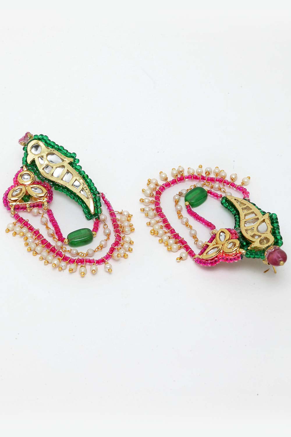 Pink And Green Gold-Plated Kundan And Pearls Dangler Earring