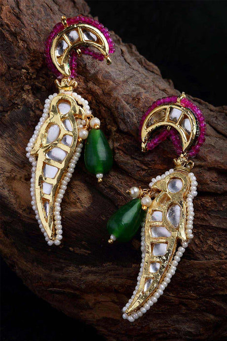 Pink And Green Gold-Plated Kundan And Pearls Dangler Earring