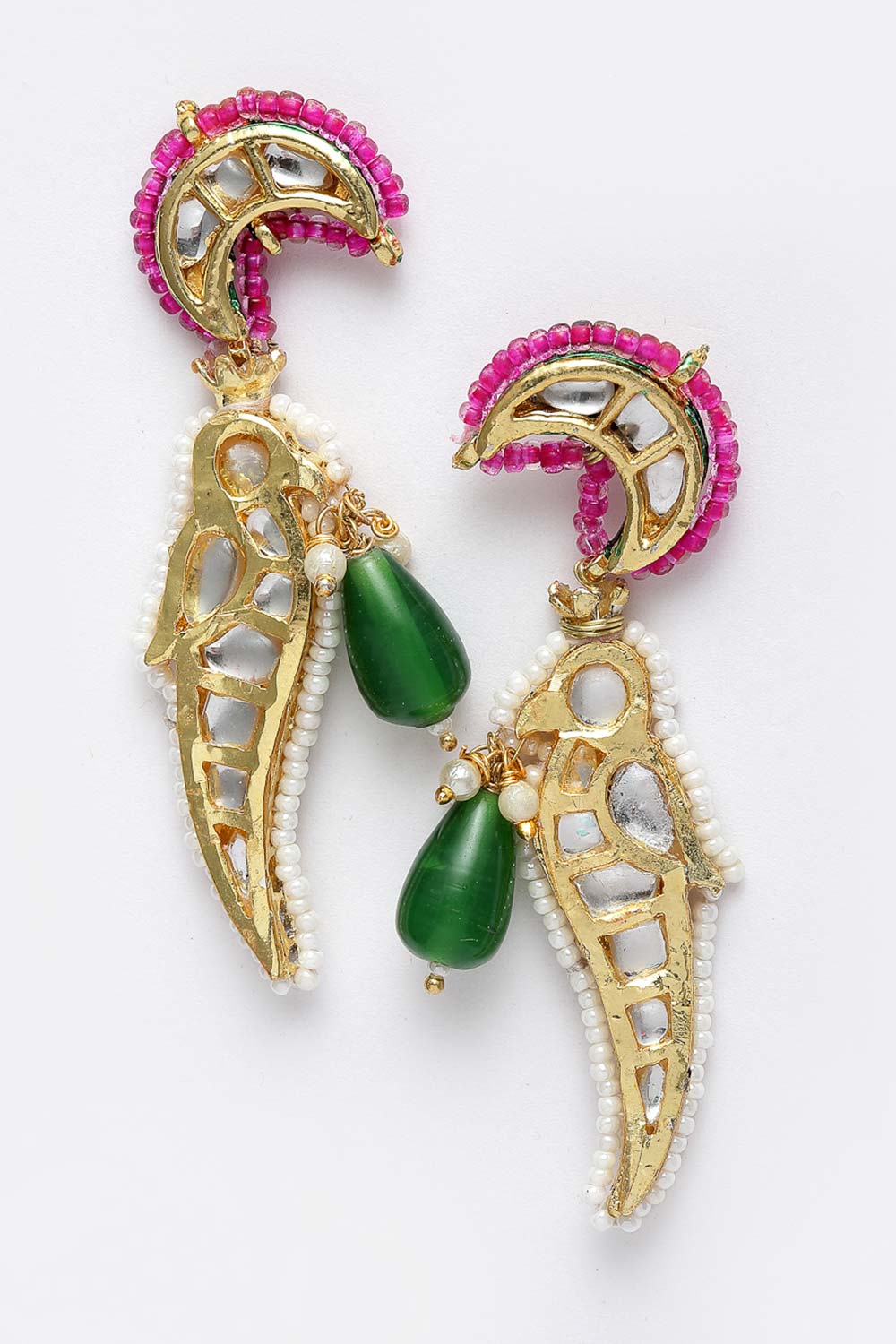 Pink And Green Gold-Plated Kundan And Pearls dangler Earring
