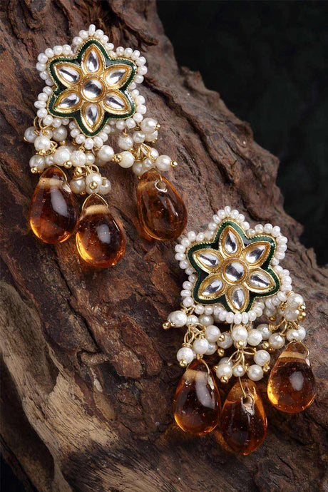 Orange And Green Gold-Plated Kundan And Pearls dangler Earring