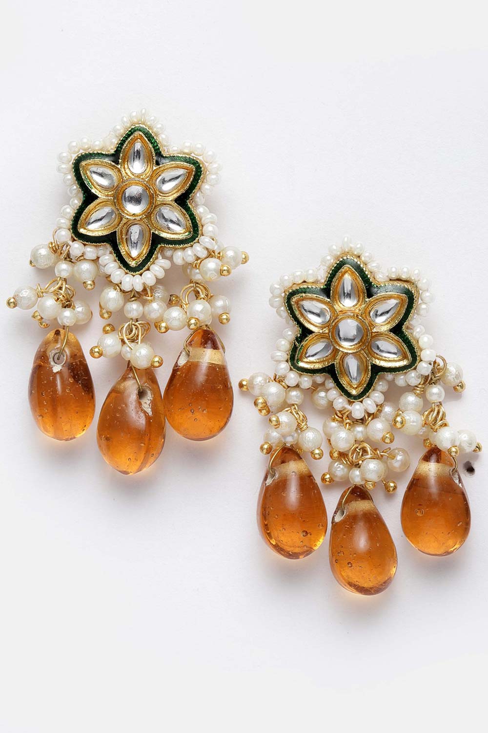 Orange And Green Gold-Plated Kundan And Pearls Dangler Earring