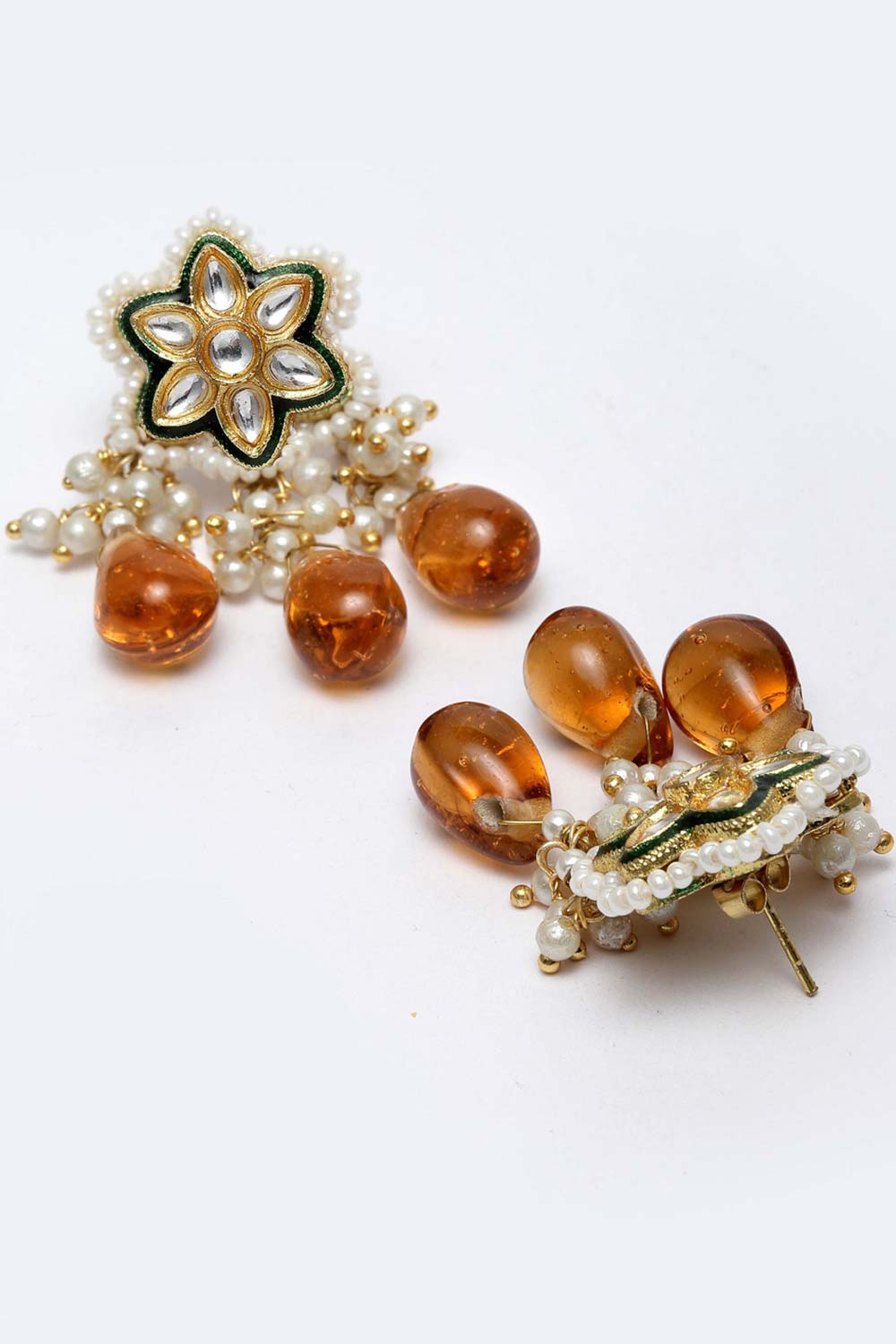 Orange And Green Gold-Plated Kundan And Pearls Dangler Earring